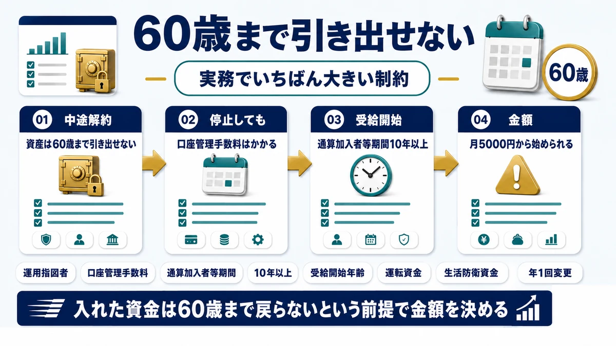 iDeCoが原則60歳まで引き出せないことと通算加入者等期間の関係を示した図