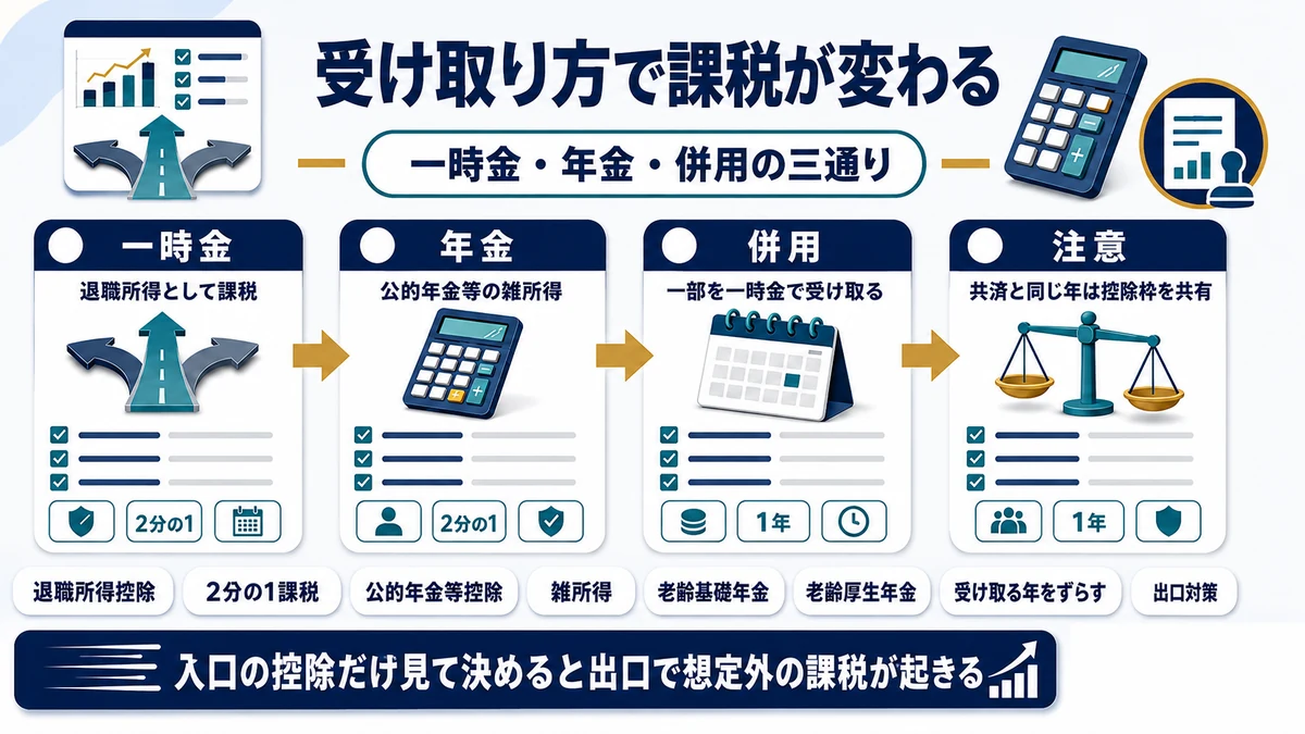 iDeCoを一時金・年金・併用で受け取った場合の課税区分の違いを示した図