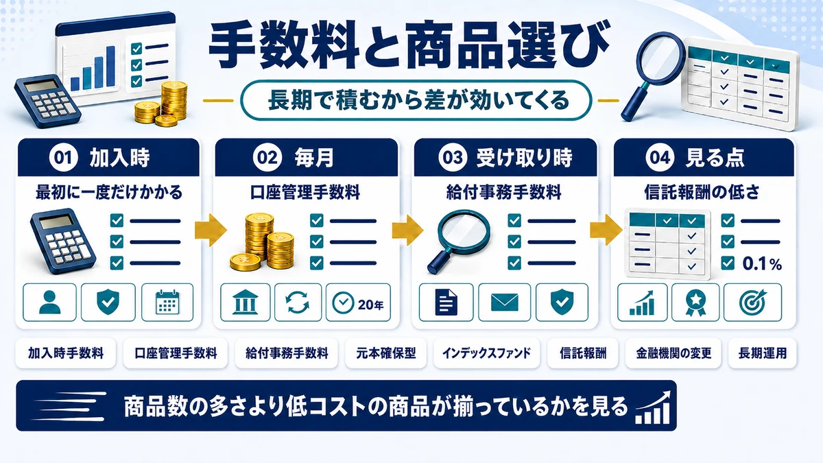 iDeCoの手数料の種類と運用商品の選び方の観点を示した図