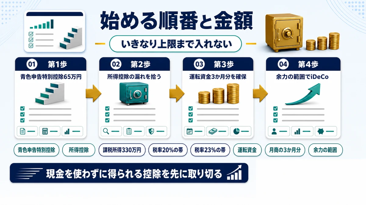 個人事業主がiDeCoを始めるときの順番と金額の決め方を示した図