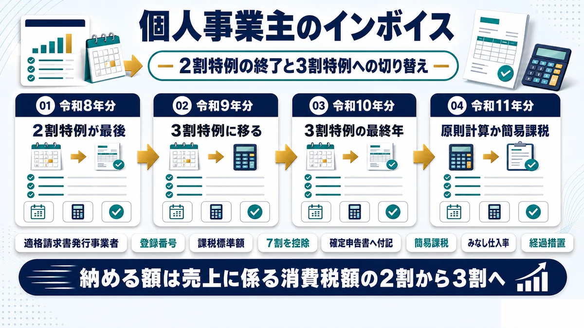 個人事業主のインボイスで2割特例が終了し3割特例へ切り替わる流れをまとめた図