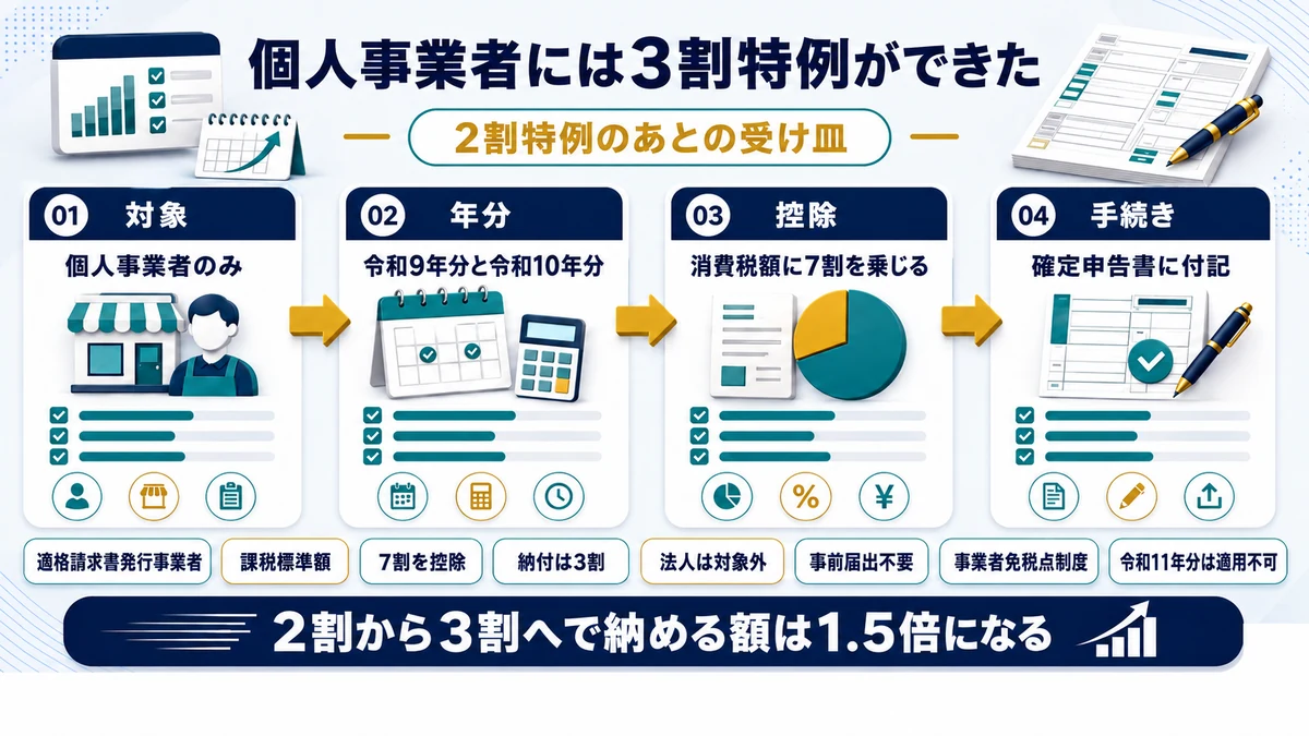 令和9年分と令和10年分に適用される3割特例の内容を示した図