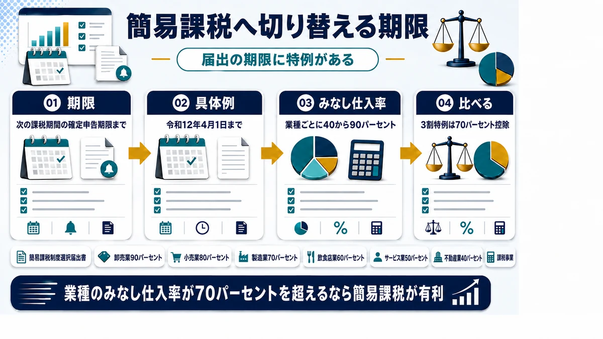 2割特例や3割特例の後に簡易課税へ切り替える届出期限の特例を示した図