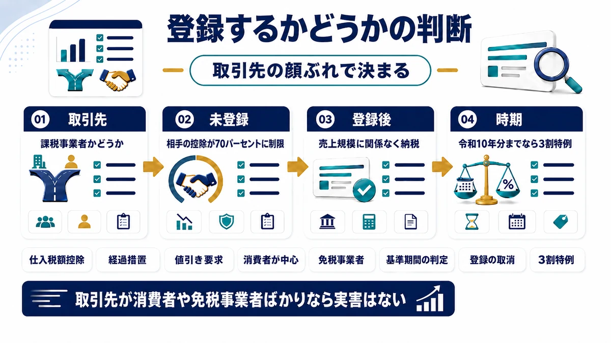 個人事業主がインボイス発行事業者に登録するかを判断する基準を示した図