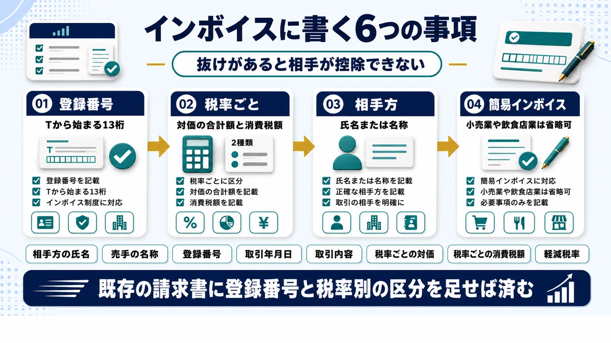 適格請求書に記載しなければならない6つの事項を示した図