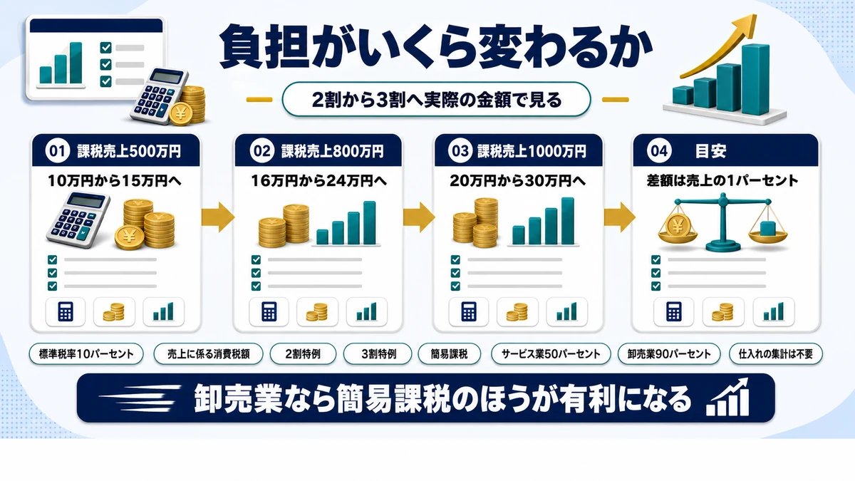2割特例から3割特例に移ったときの消費税の負担増を売上別に示した図