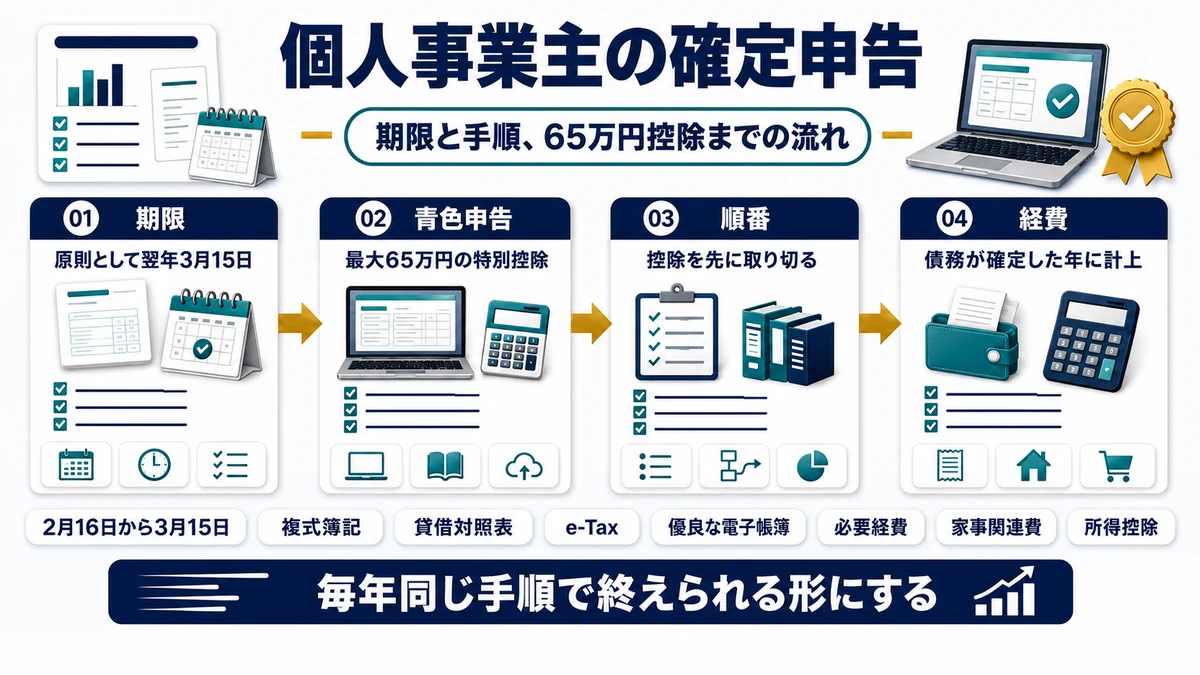 個人事業主の確定申告の期限と手順、65万円控除までの流れをまとめた図