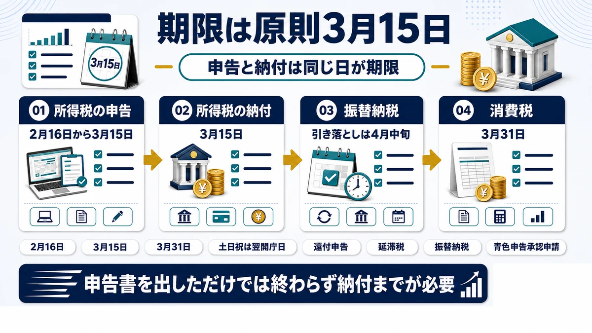 確定申告の提出期限と納付期限を示した図