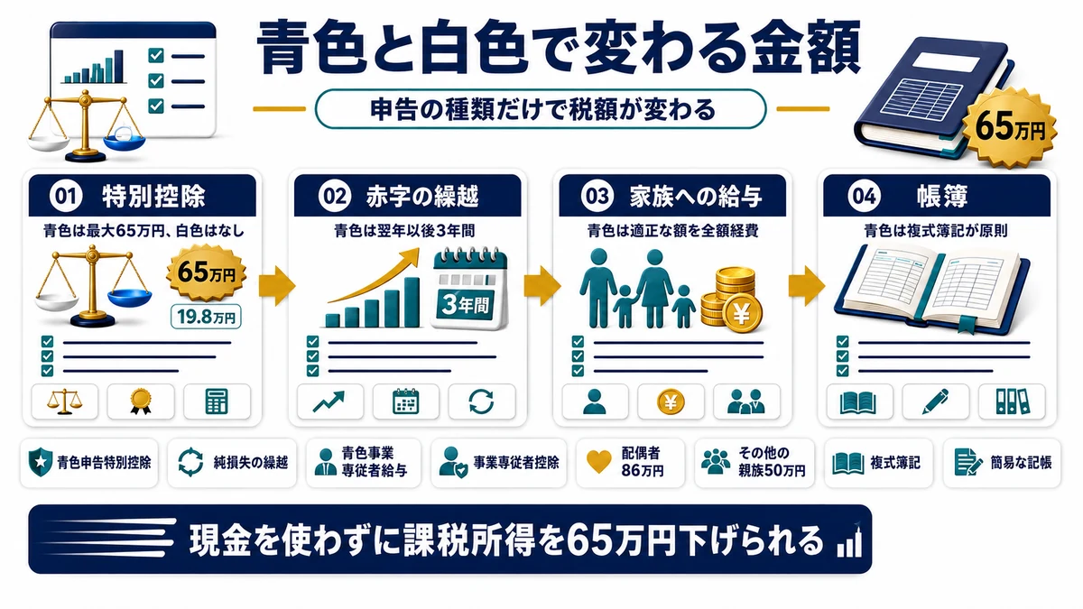 青色申告と白色申告で変わる控除額と特典の違いを示した図
