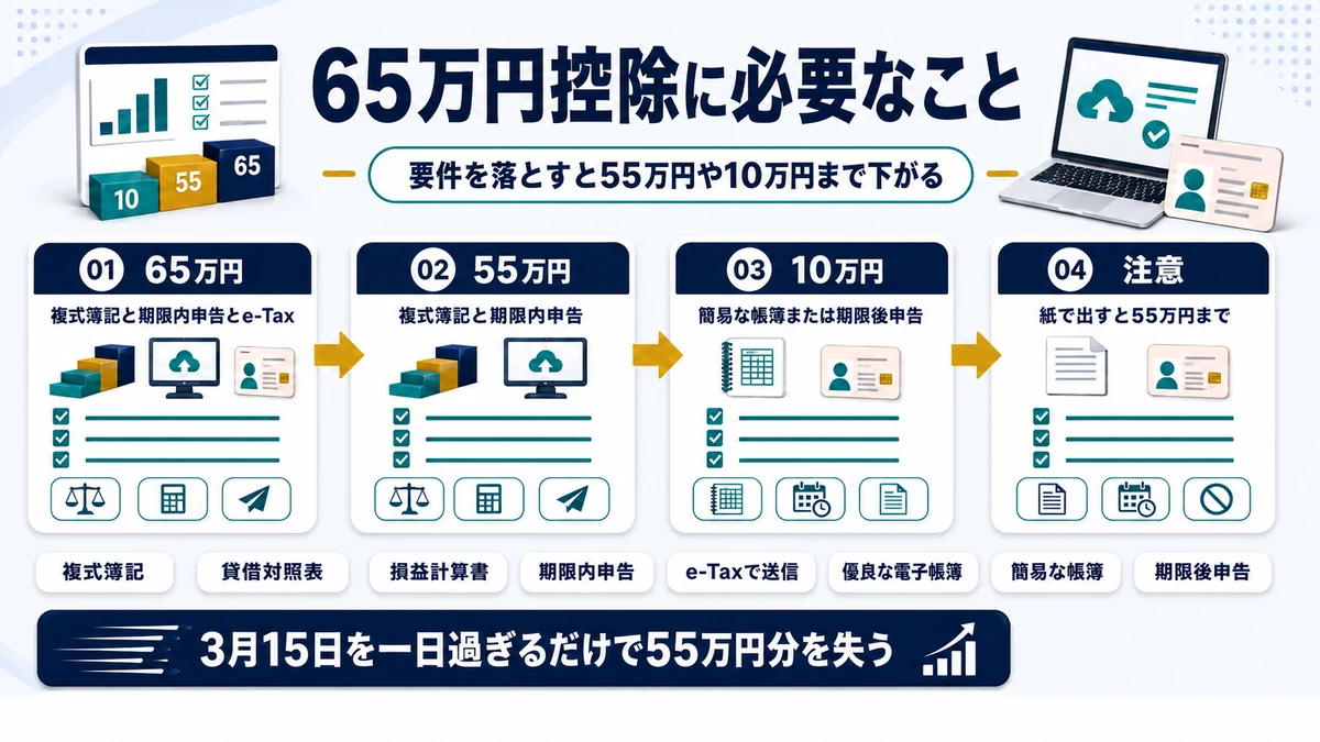 青色申告特別控除65万円を受けるための要件を示した図