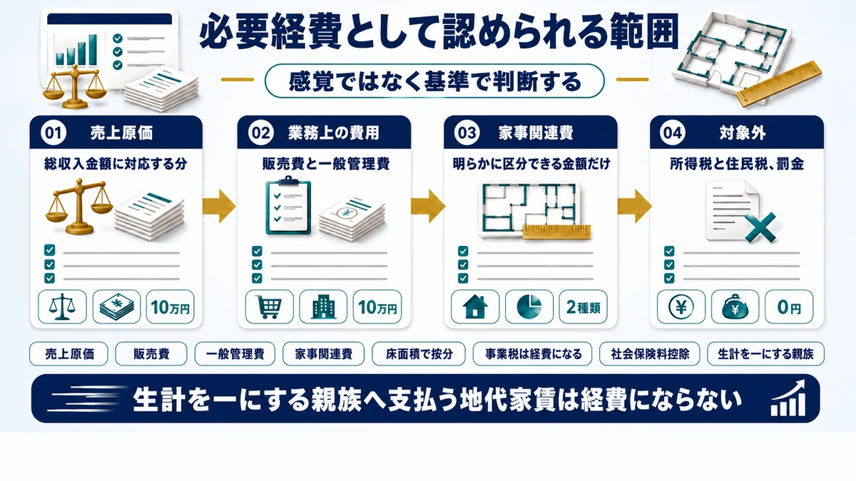 必要経費として認められる支出の範囲と家事関連費の扱いを示した図