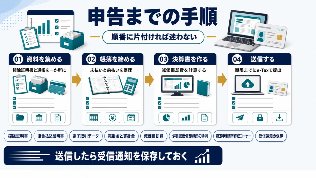 個人事業主の確定申告を進める手順を示した図