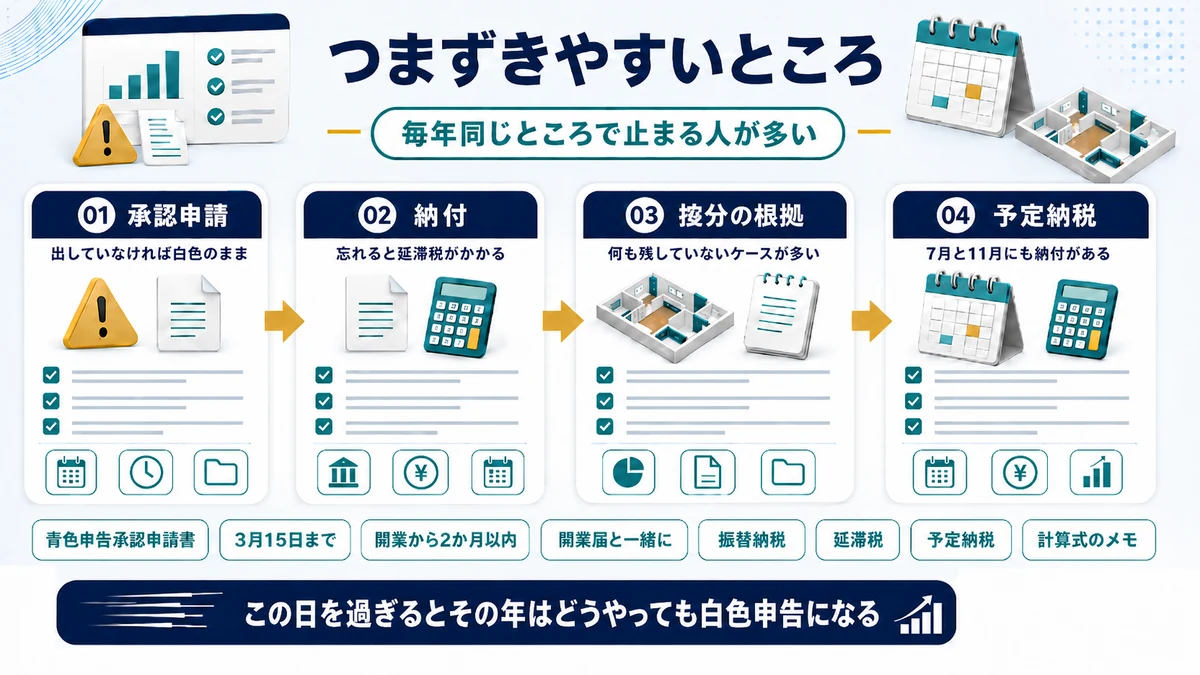 個人事業主の確定申告でつまずきやすい点を示した図