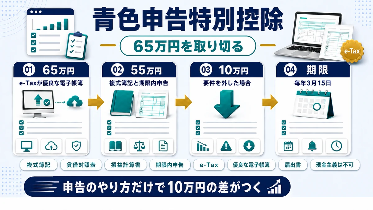 青色申告特別控除65万円・55万円・10万円の要件の違いを示した図