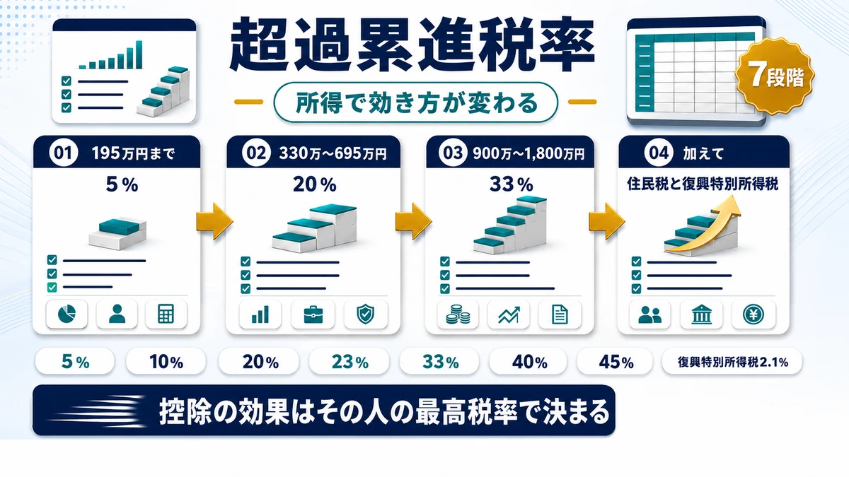 所得税の超過累進税率と控除の効き方の関係を示した図