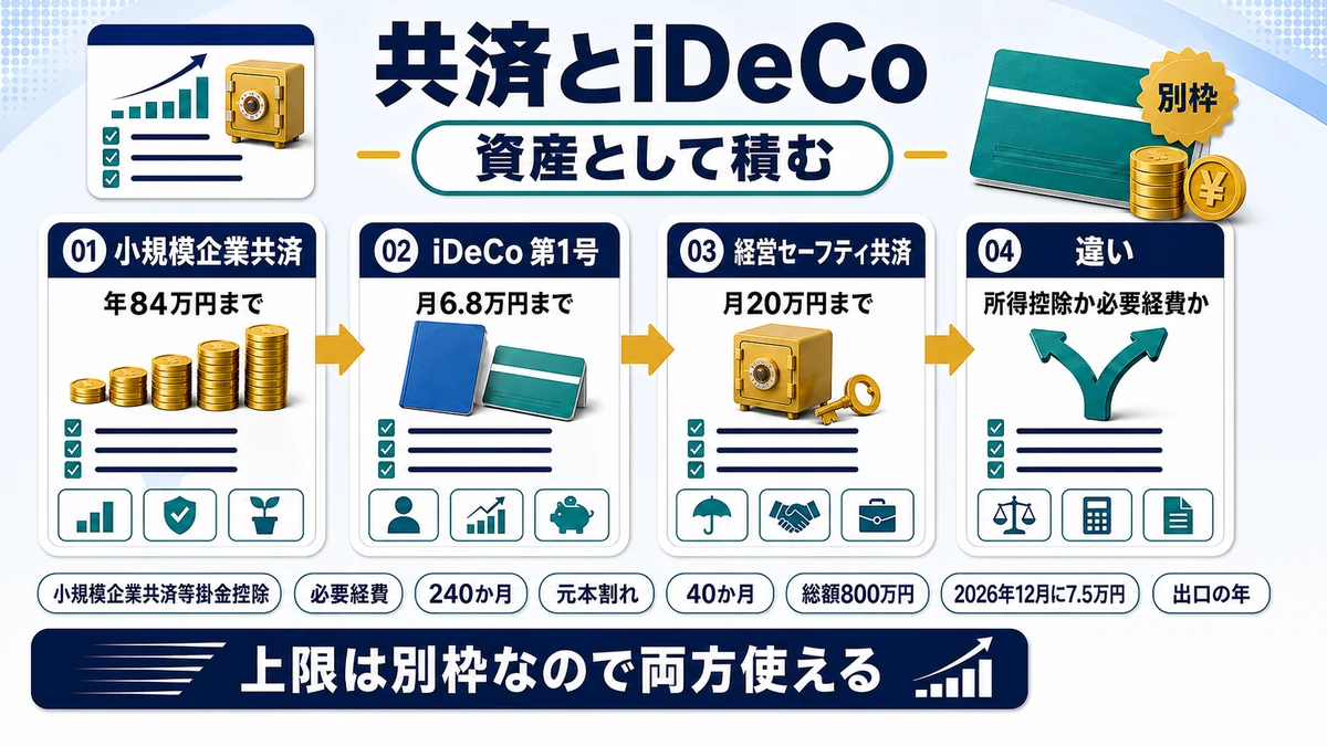 小規模企業共済・iDeCo・経営セーフティ共済の上限と性質を示した図