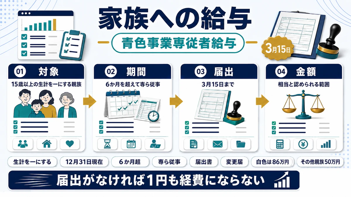 青色事業専従者給与の要件と白色申告の専従者控除の違いを示した図