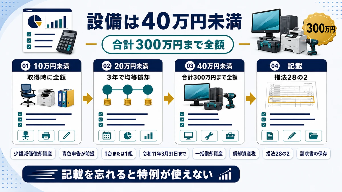 少額減価償却資産の特例で40万円未満を合計300万円まで即時償却できることを示した図