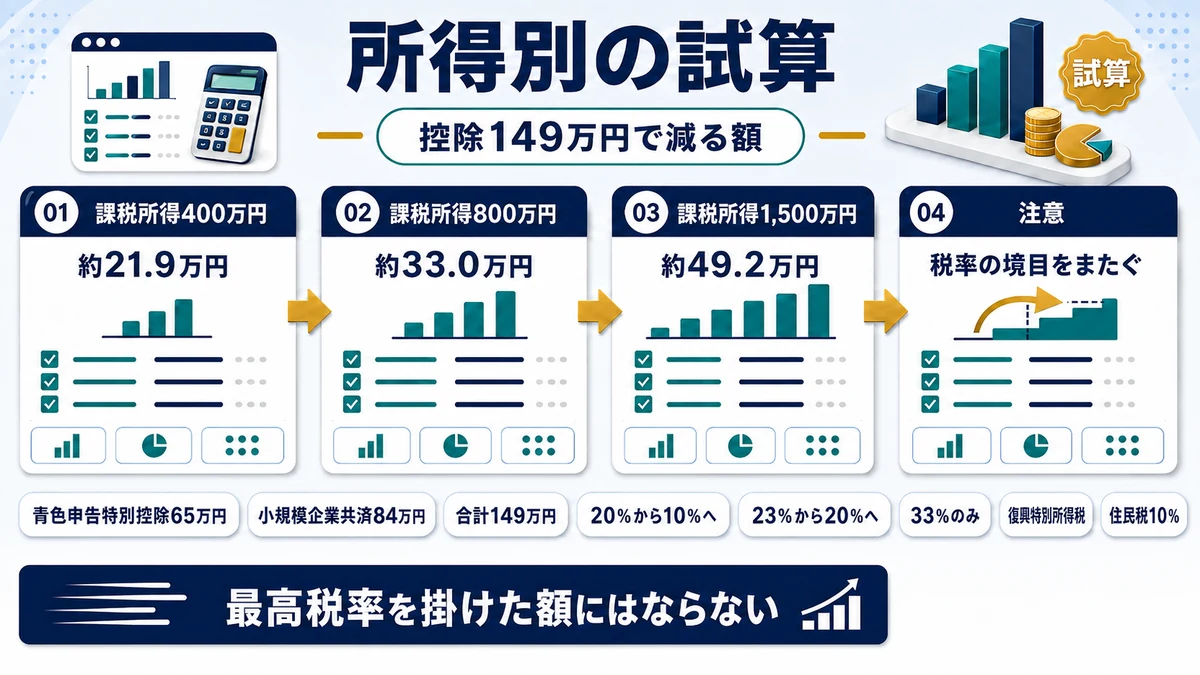課税所得400万円・800万円・1,500万円で控除を積んだ場合の税額比較を示した図
