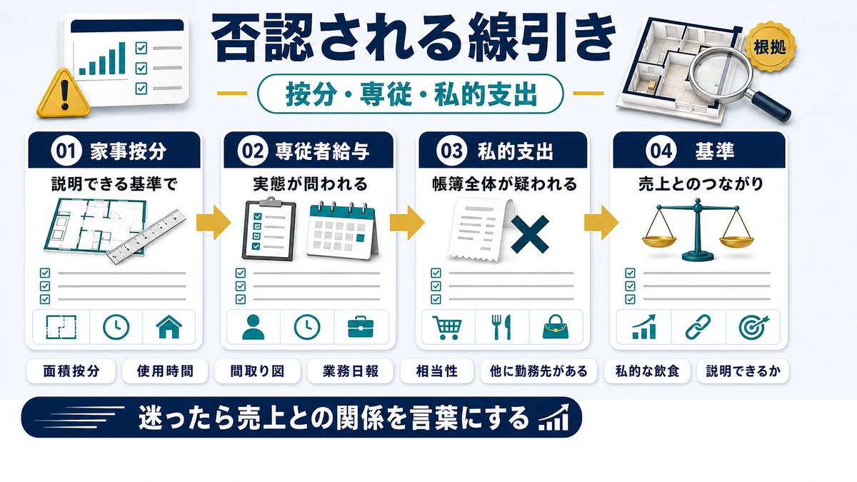 個人事業主の節税で否認されやすい典型的な論点を示した図