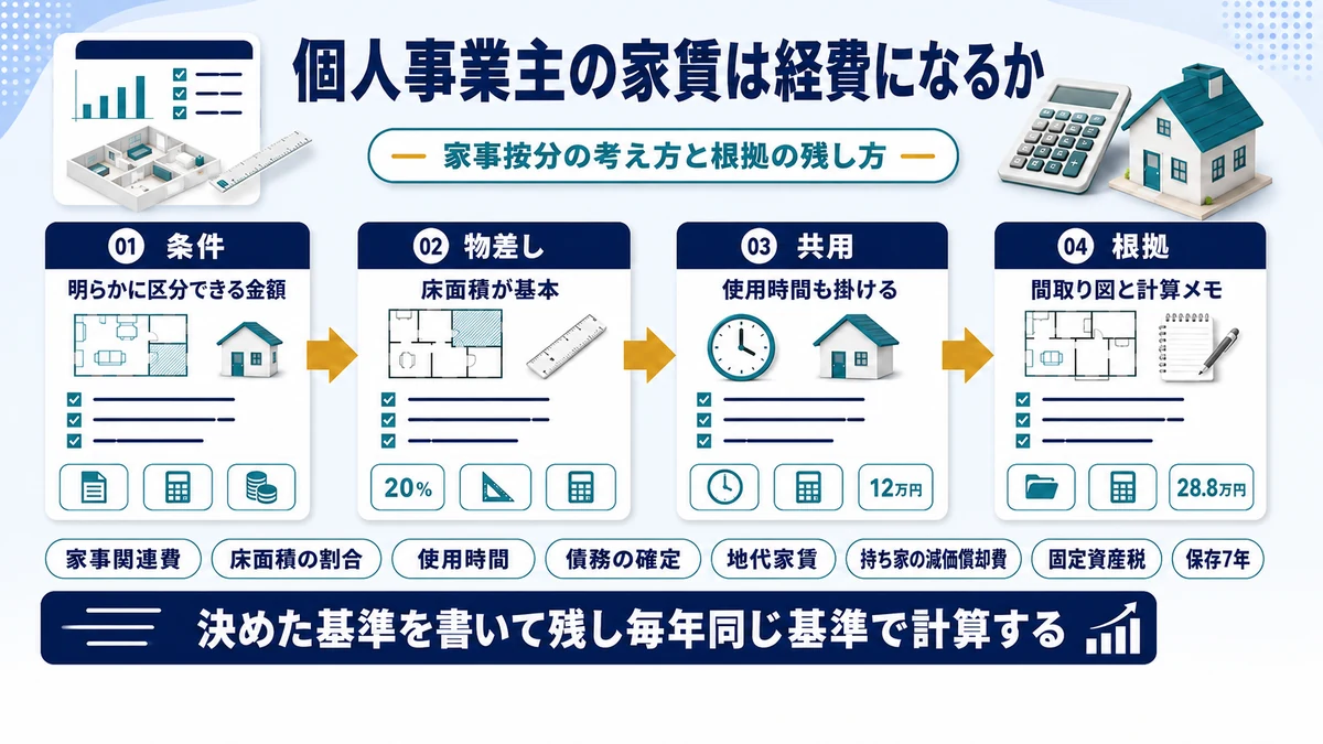 個人事業主が自宅家賃を家事按分して必要経費にする考え方をまとめた図