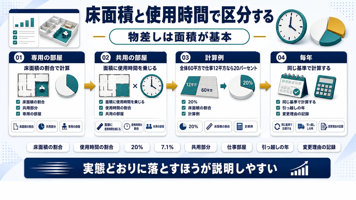 床面積と使用時間による家賃の家事按分の計算方法を示した図