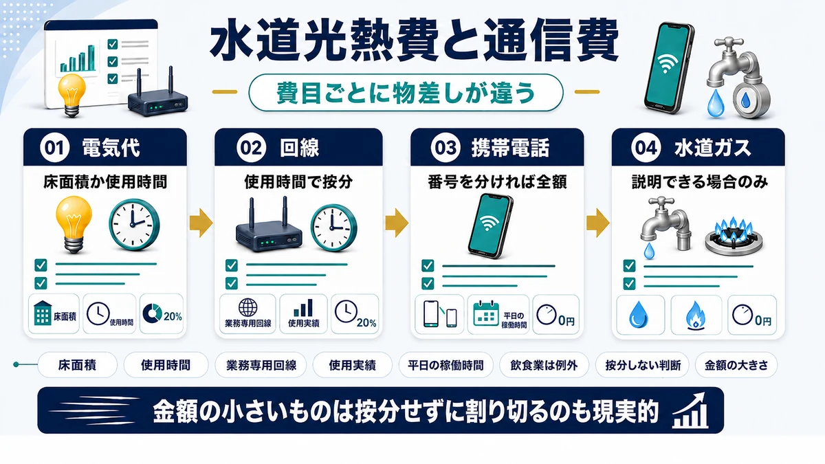 水道光熱費や通信費を家事按分するときの物差しを示した図