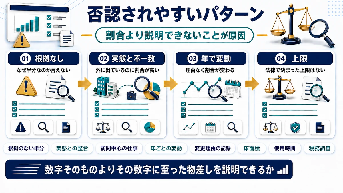 家賃の家事按分で指摘を受けやすいパターンを示した図