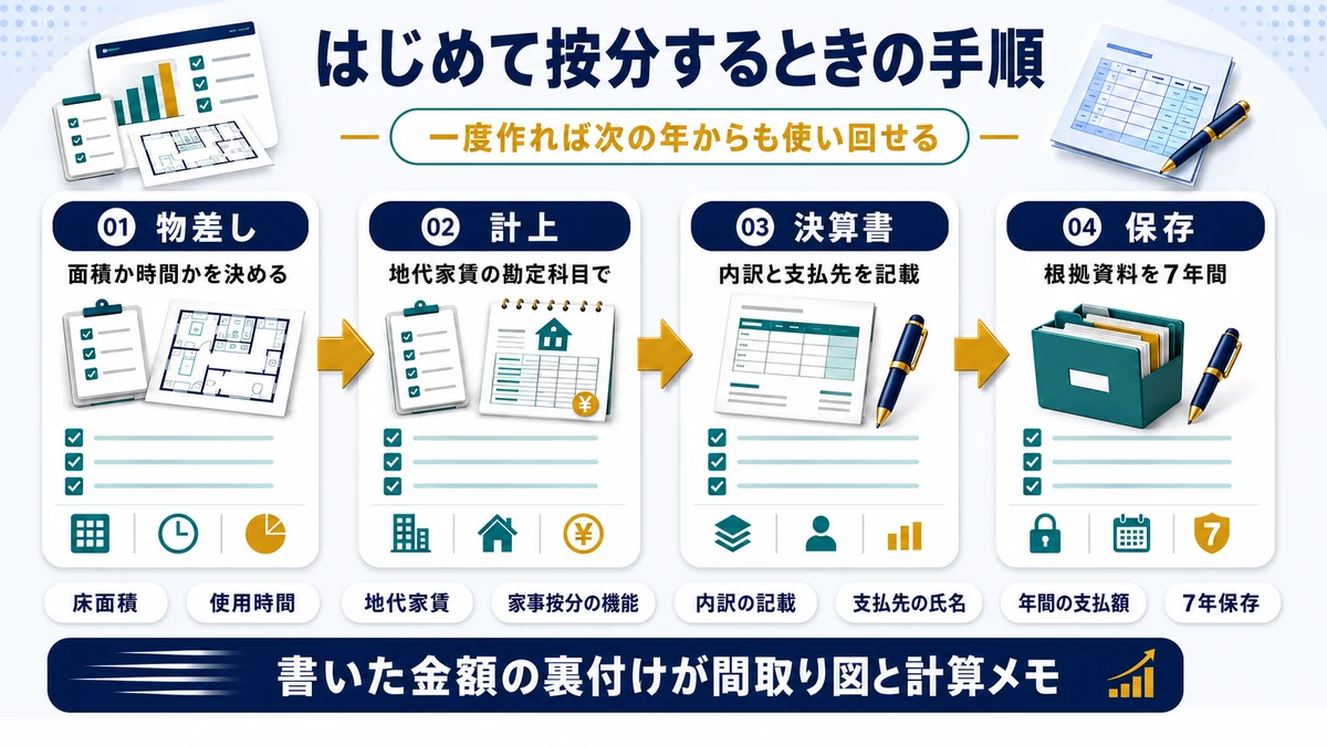 はじめて家賃を家事按分するときの手順を示した図