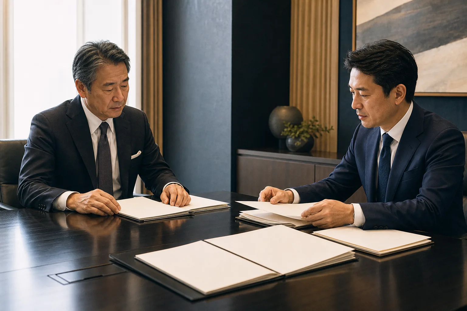 M&A契約資料を専門家と確認する様子