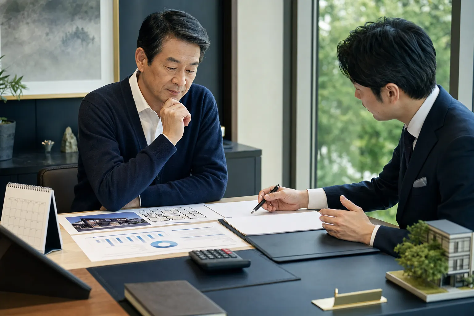 M&Aの評価資料を第三者と確認する様子