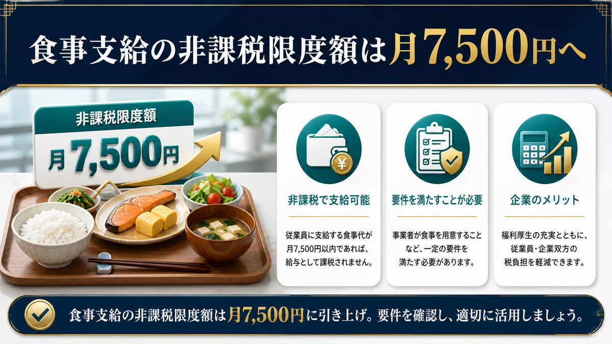 食事支給の非課税限度額は月7,500円へ｜条件・計算例・社内運用【2026年】