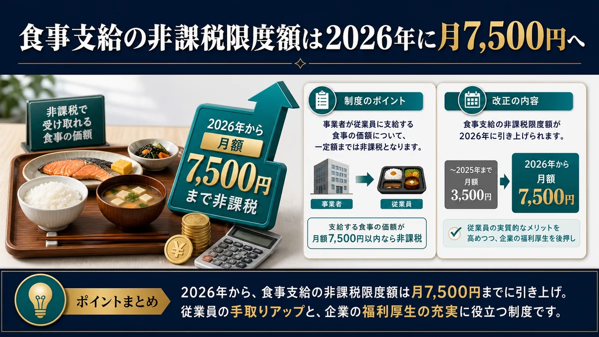食事支給の非課税限度額は2026年に月7,500円へ