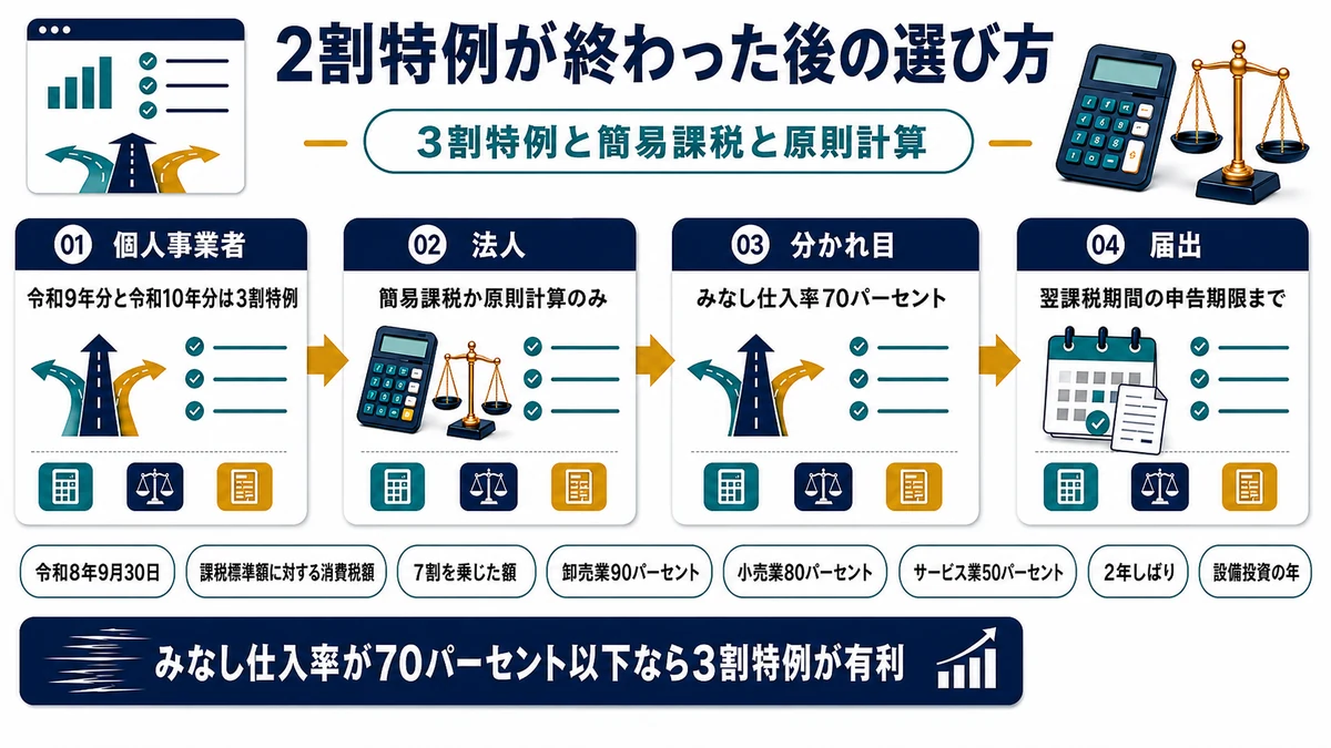2割特例の終了後に3割特例と簡易課税と原則計算のどれを選ぶかをまとめた図