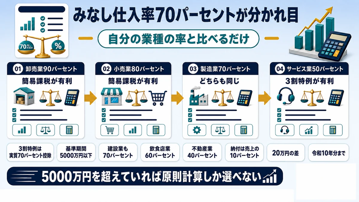 業種別のみなし仕入率と3割特例の70パーセント控除を比べた図