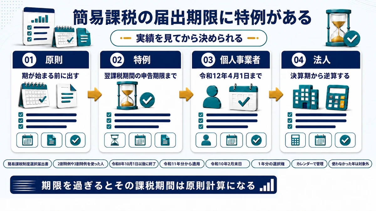 2割特例や3割特例の後に簡易課税へ切り替える届出期限の特例を示した図