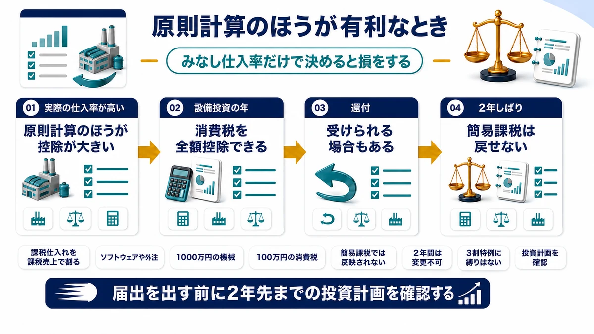 実際の仕入率が高い場合に原則計算が有利になることを示した図