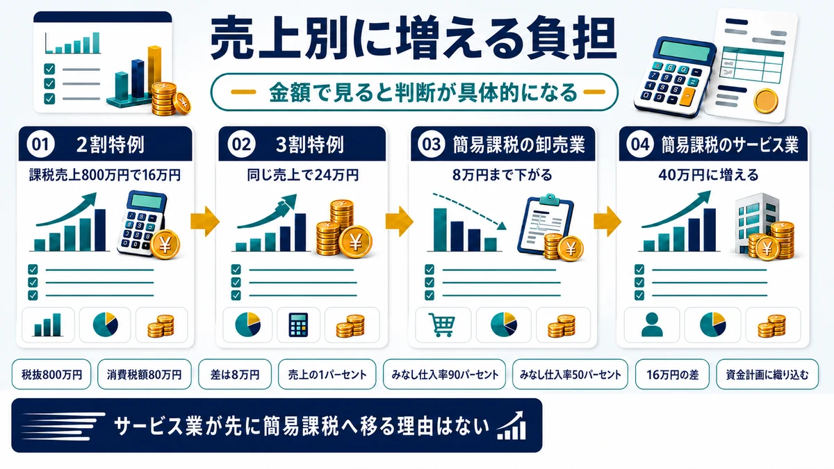 2割特例から3割特例や簡易課税に移ったときの負担増を売上別に示した図