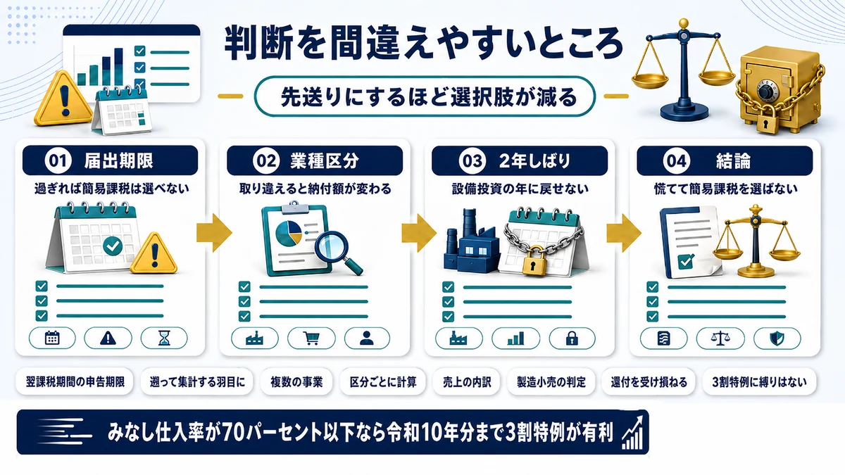 2割特例終了後の選択で間違えやすい点を示した図