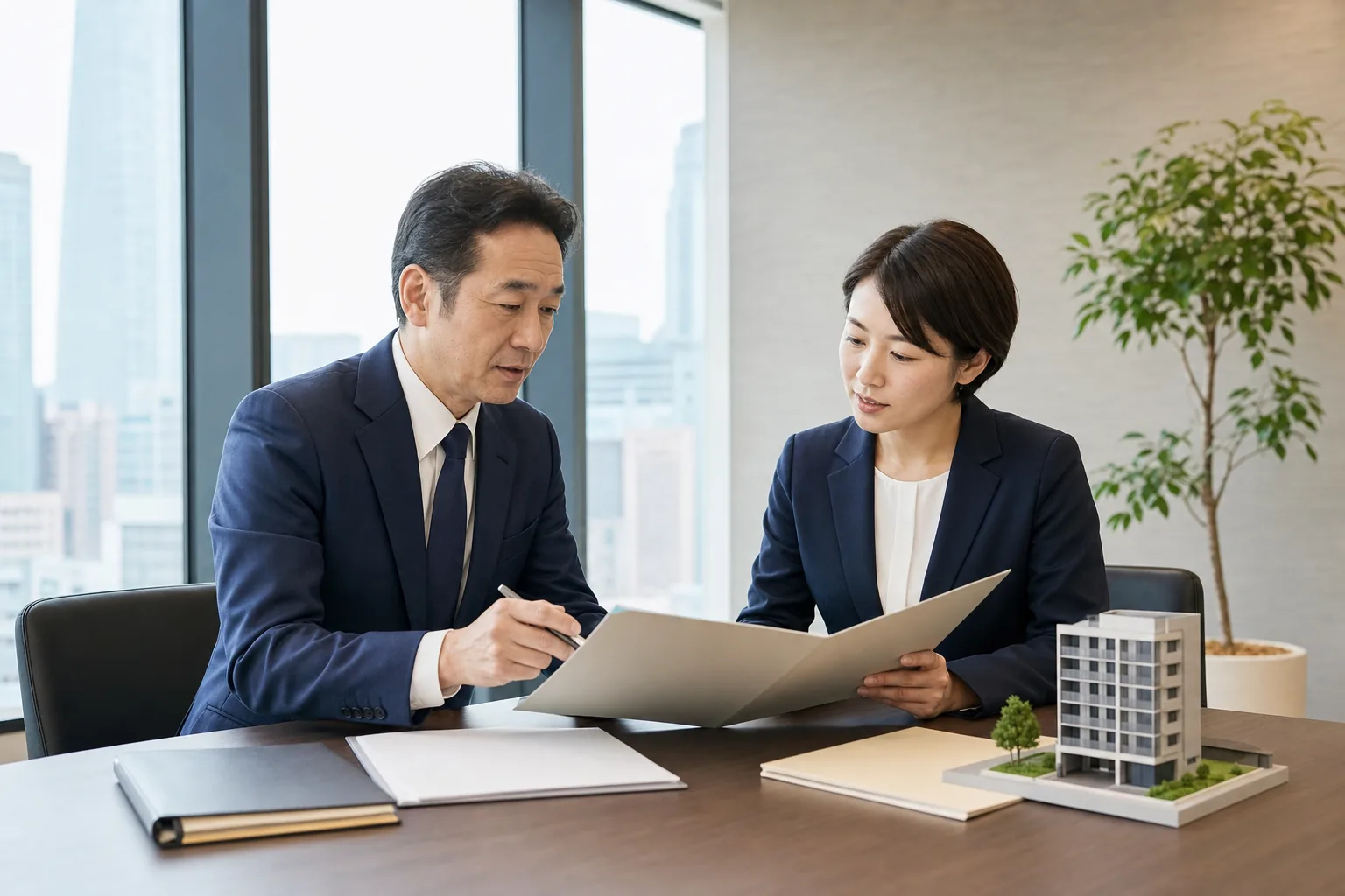 税理士や不動産担当者と売却資料を確認する様子