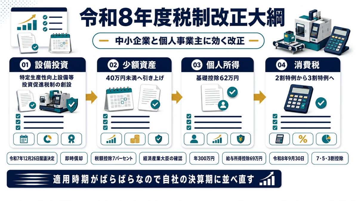 令和8年度税制改正大綱のうち中小企業と個人事業主に効く改正をまとめた図