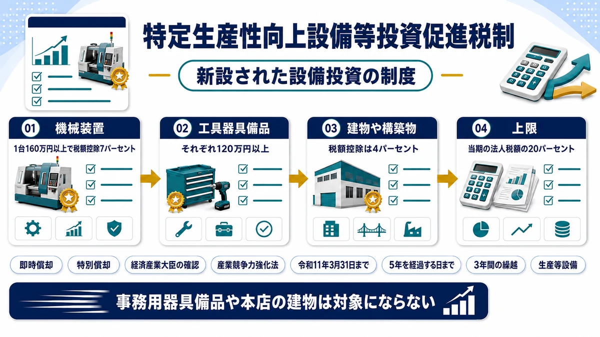 特定生産性向上設備等投資促進税制の対象設備と即時償却・税額控除の内容を示した図