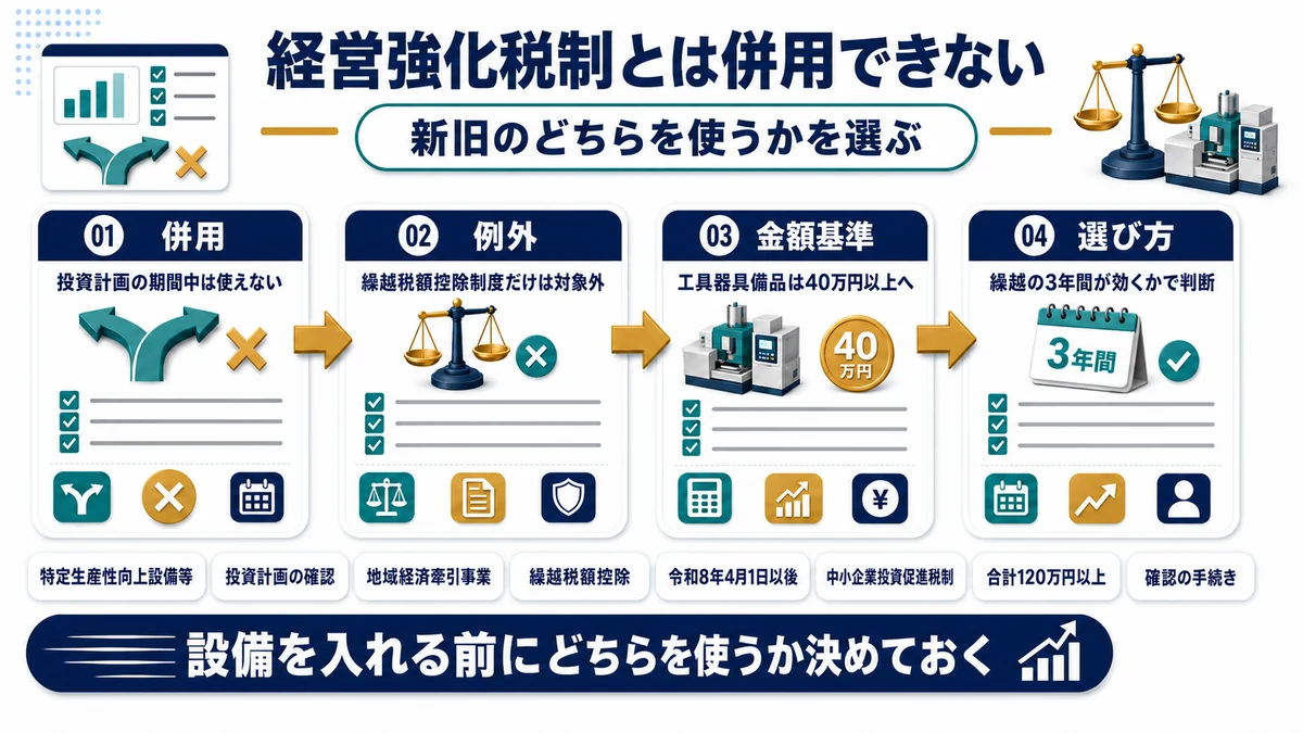 特定生産性向上設備等投資促進税制と中小企業経営強化税制が併用できないことを示した図