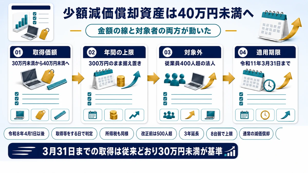 少額減価償却資産の特例が40万円未満に引き上げられ3年延長されたことを示した図