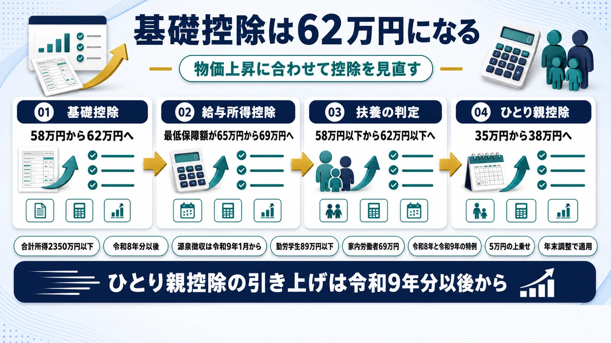 基礎控除と給与所得控除の最低保障額が引き上げられることを示した図