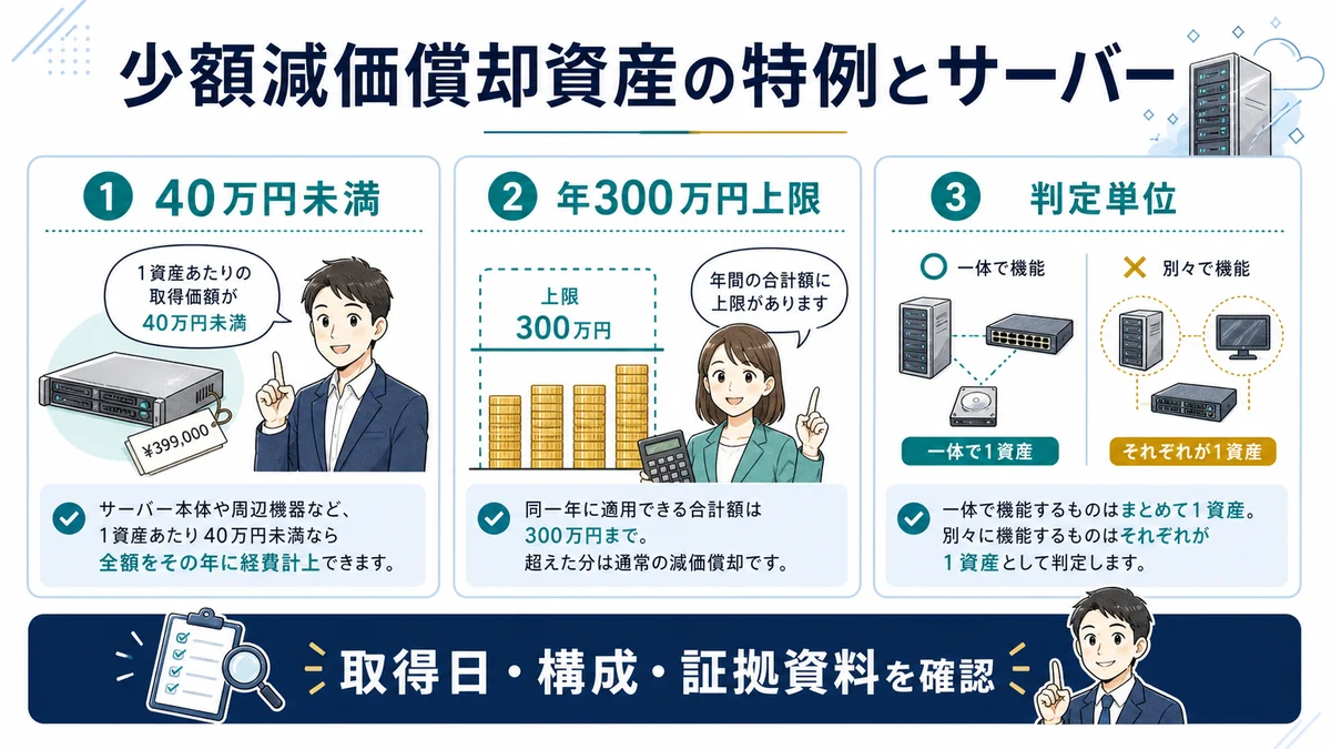 少額減価償却資産の特例はサーバーに使える？40万円未満の判定を解説【2026年版】