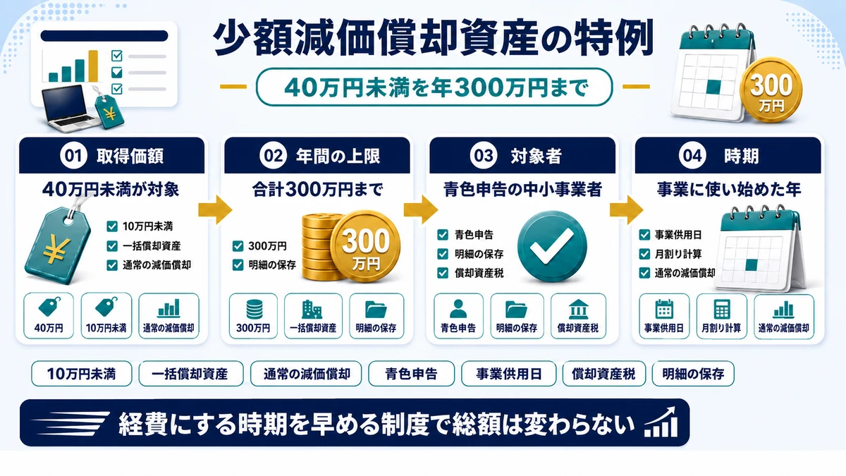 個人事業主の少額減価償却資産の特例の要件と年300万円の枠をまとめた図
