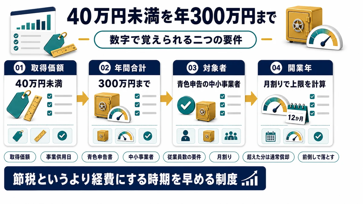 少額減価償却資産の特例の取得価額要件と年300万円の上限を示した図