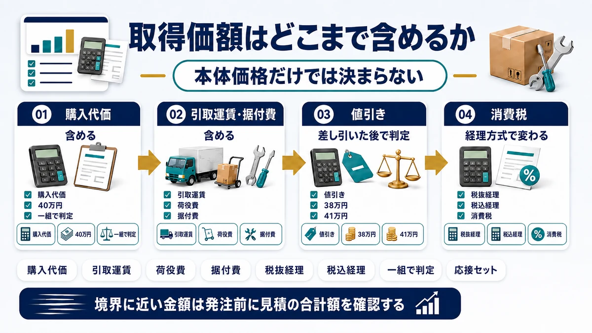 少額減価償却資産の取得価額を判定するときに含める費用を示した図