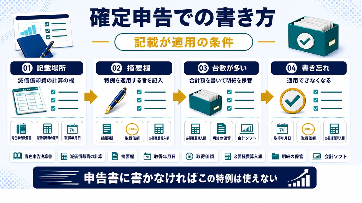 少額減価償却資産の特例を適用するときの確定申告書への記載方法を示した図